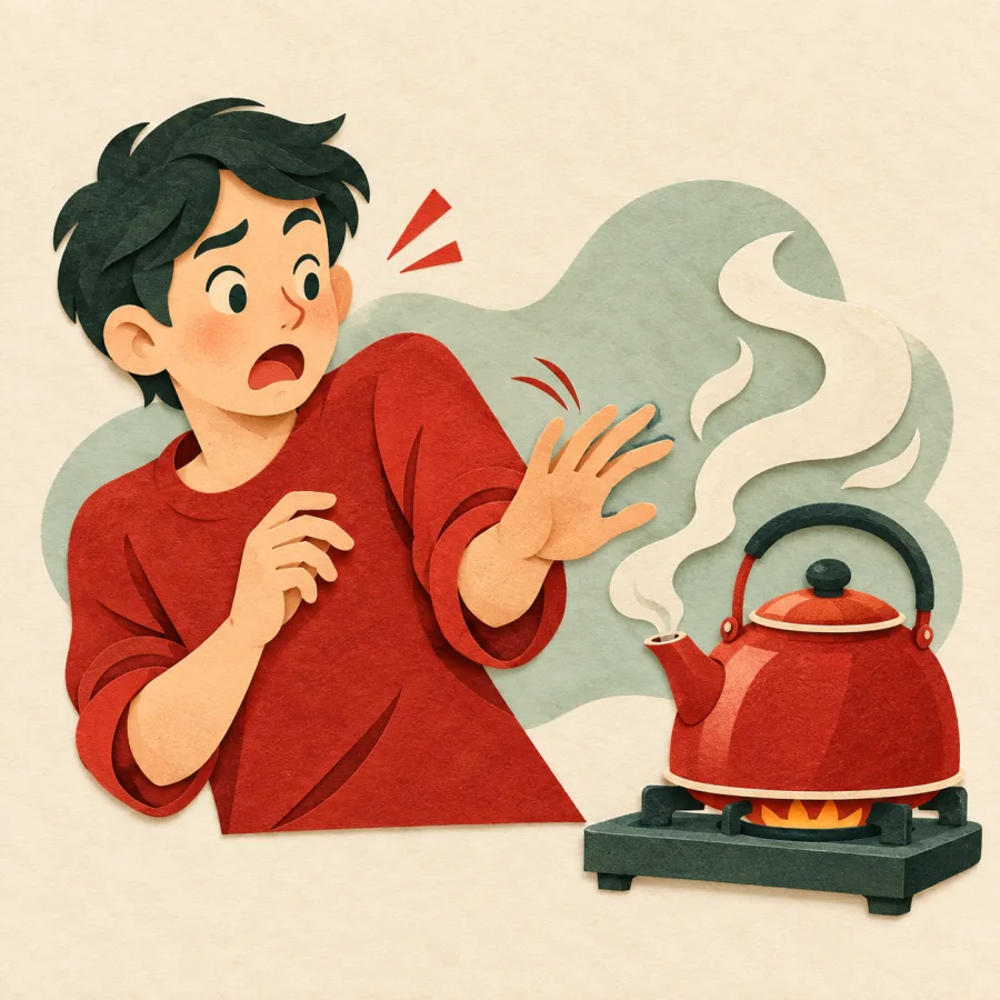 A startled person pulls a hand back from a hot kettle