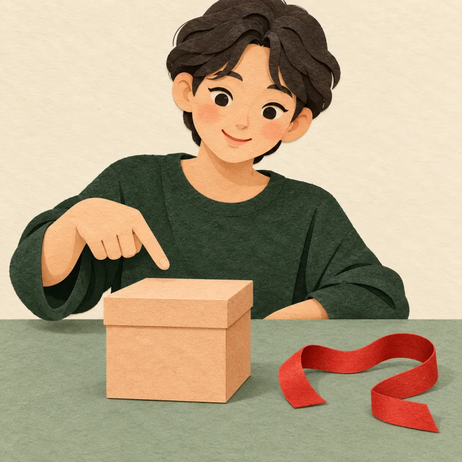 A person points at a plain box with a ribbon lying apart