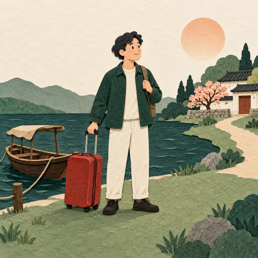 A traveler steps from a boat onto a green shore