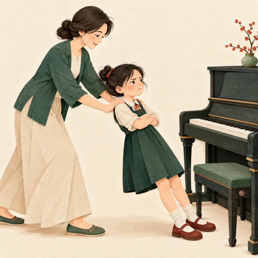 An adult pushes a reluctant child toward a piano