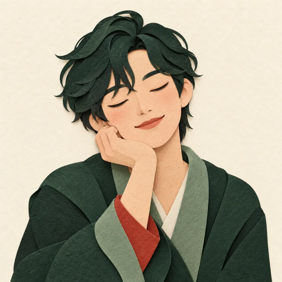 A person with closed eyes smiles calmly
