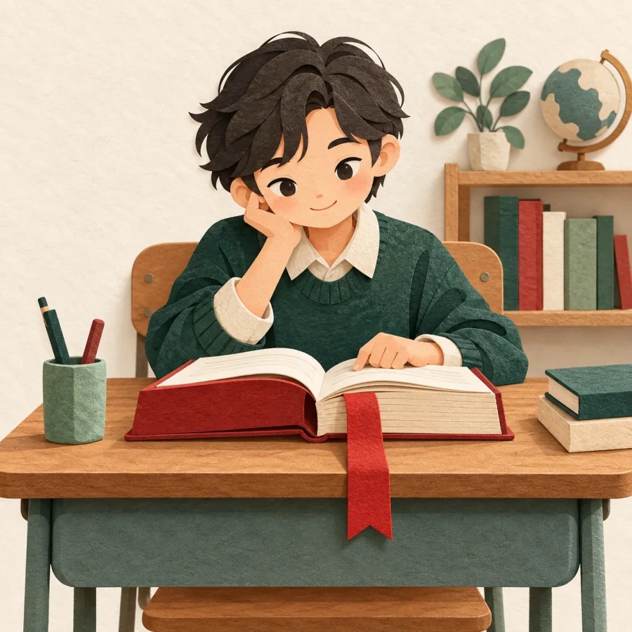 A student at a desk with a thick book and a red bookmark