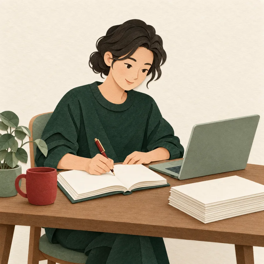 A person writes in a thick notebook beside a laptop
