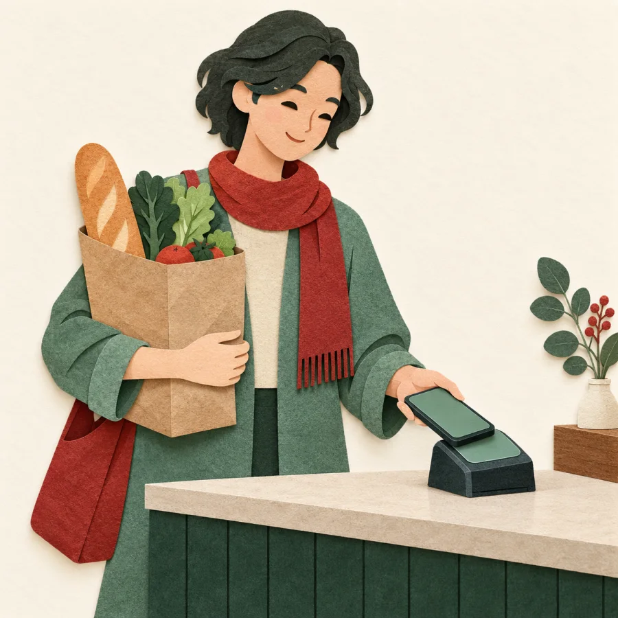 A person pays by phone at a shop with a bag in hand