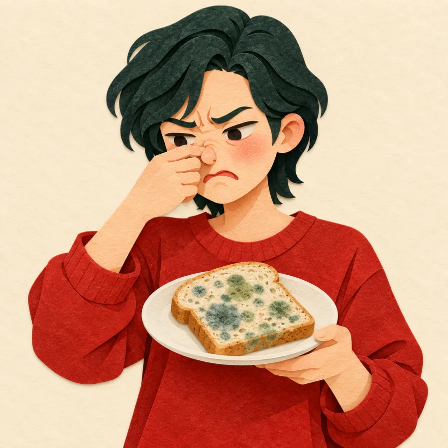 A person holds their nose over a plate of moldy bread