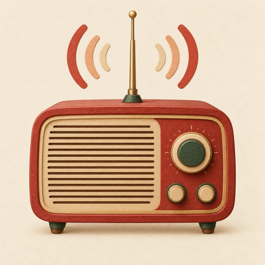 An old radio with wavy lines spreading from it