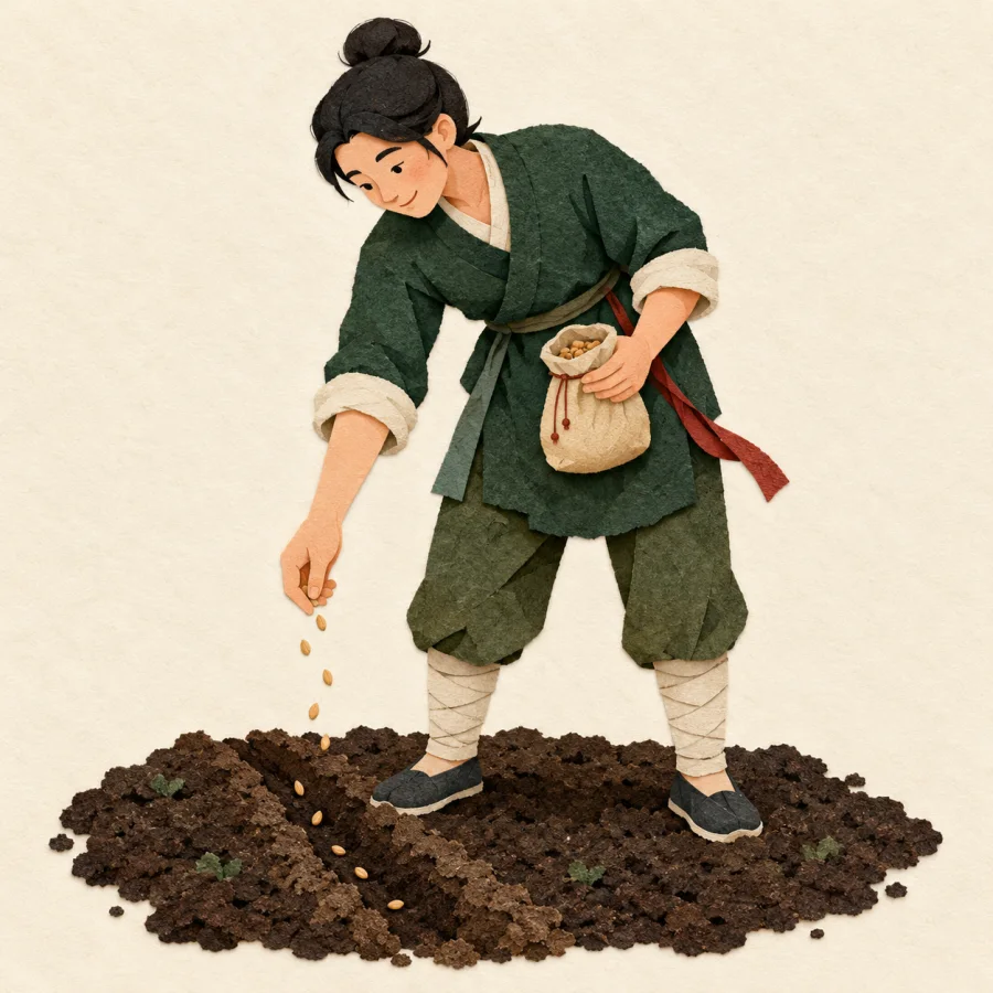 A person drops seeds into a furrow