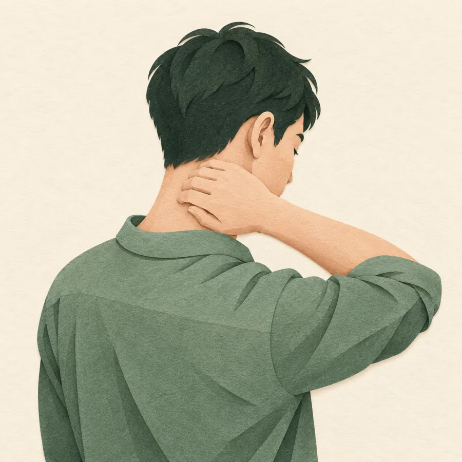A person rubs the back of their neck