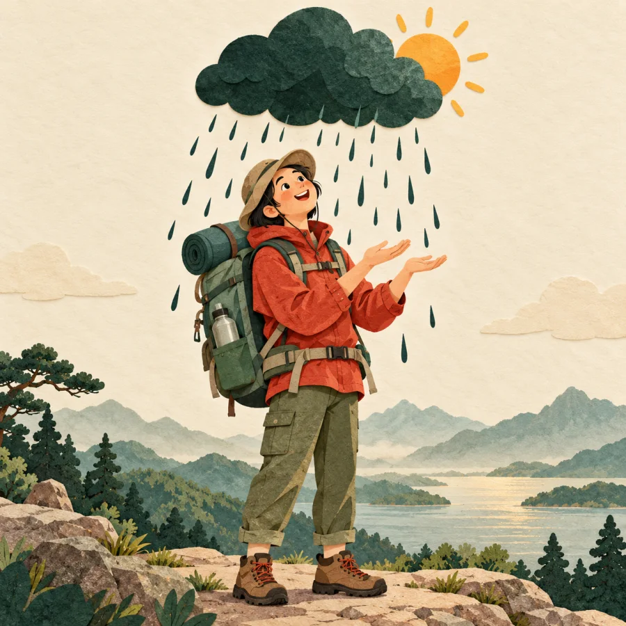 A traveler looks up in surprise at a sudden rain cloud