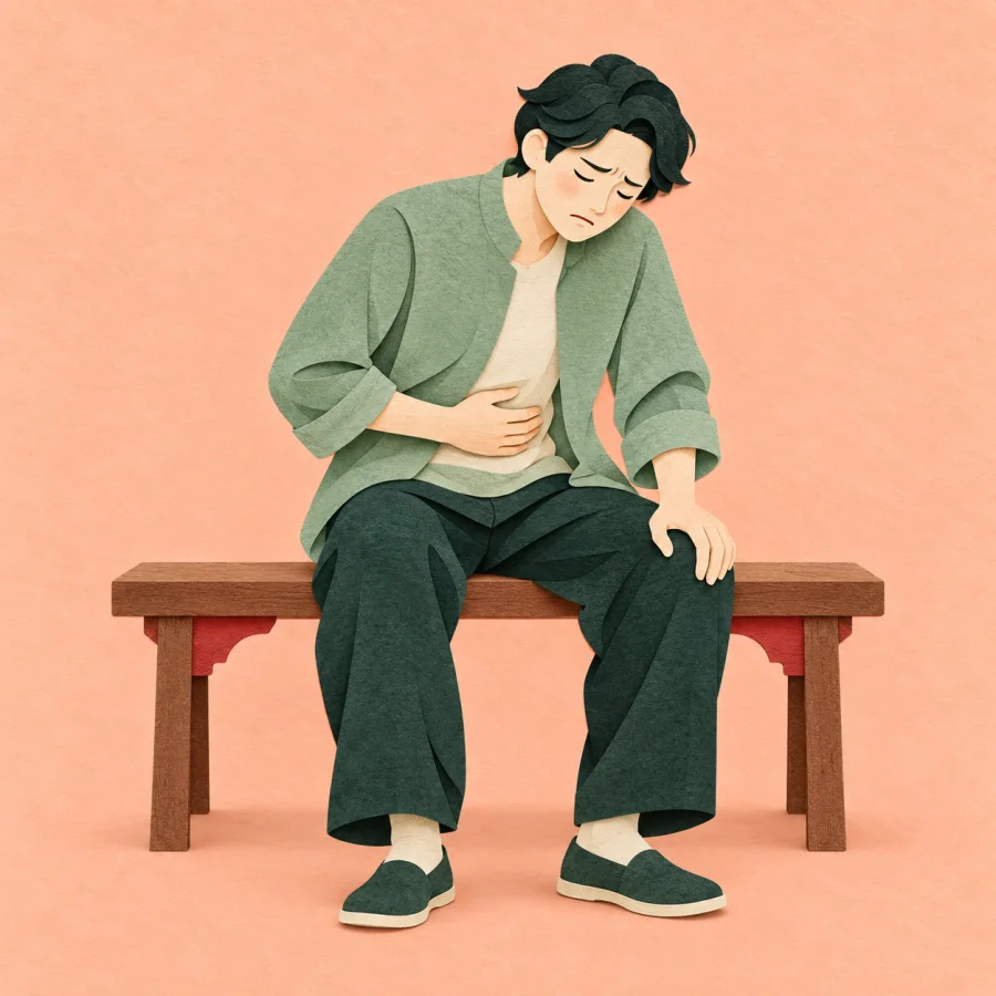 A pale person holds their stomach on a bench
