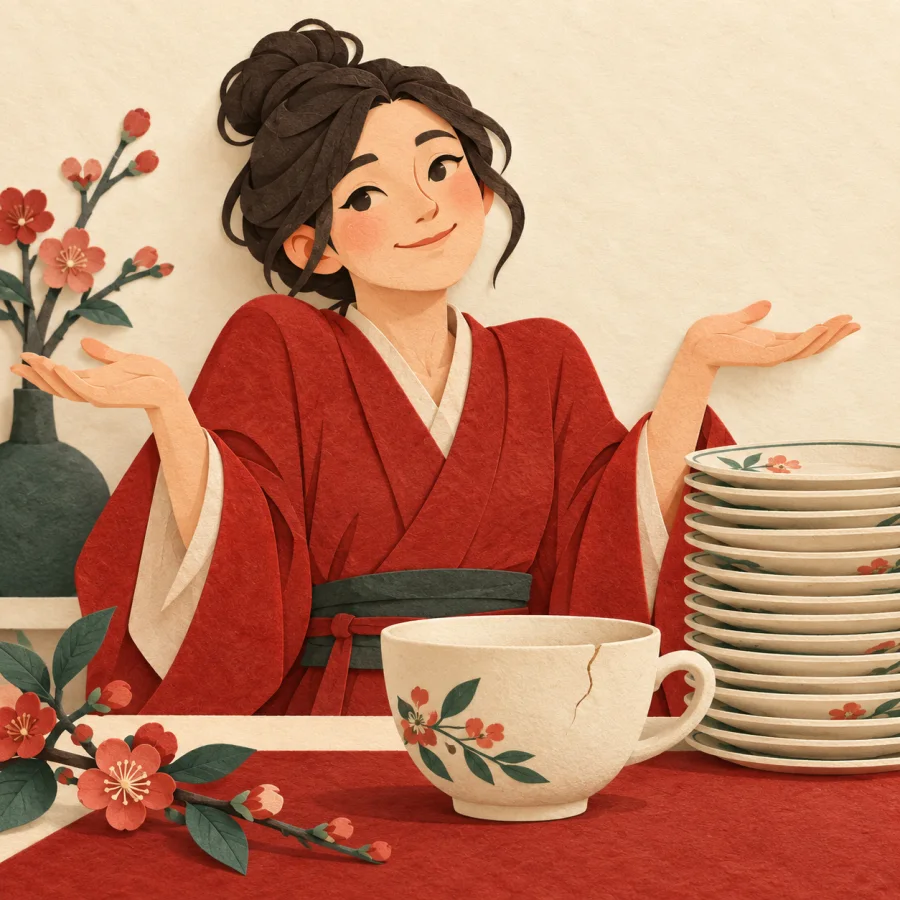 A person shrugs beside a cup with a tiny crack