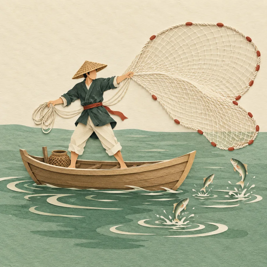 A person in a boat casts a net into the water