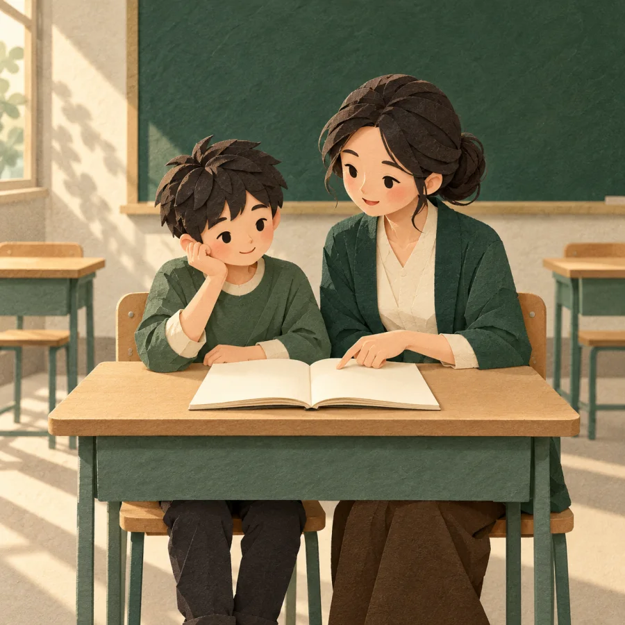 A teacher and one student in an empty classroom