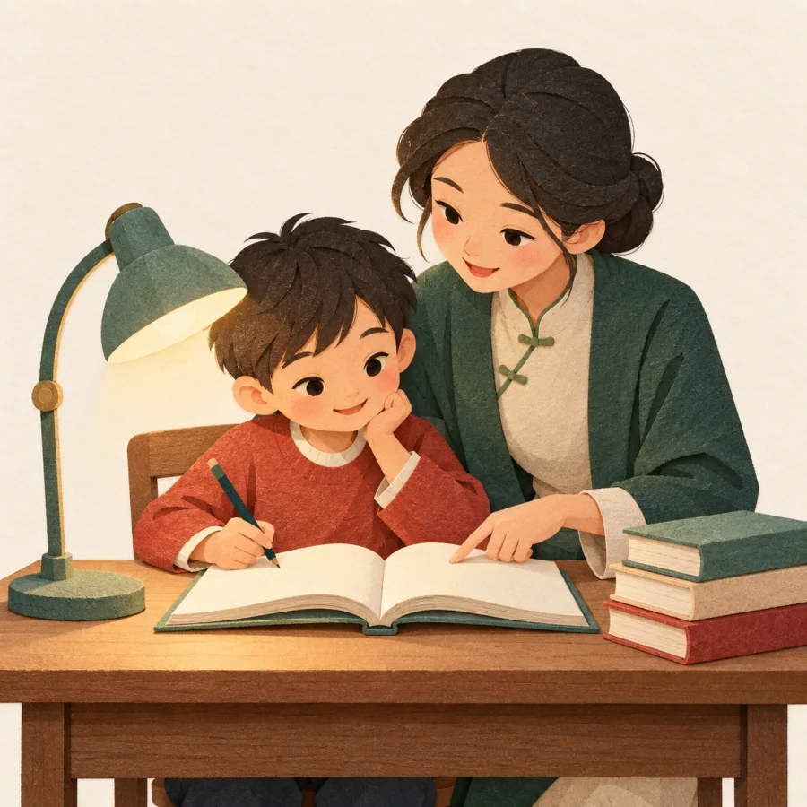 A child at a desk with a tutor and stacked books