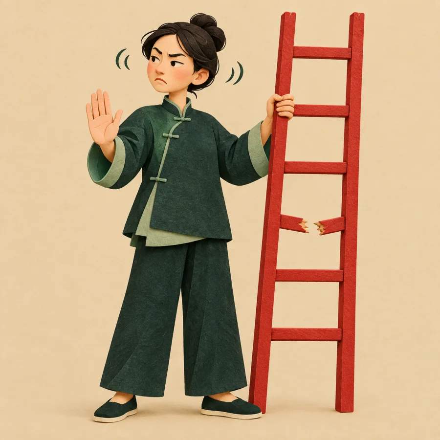 A person shakes their head holding a broken ladder