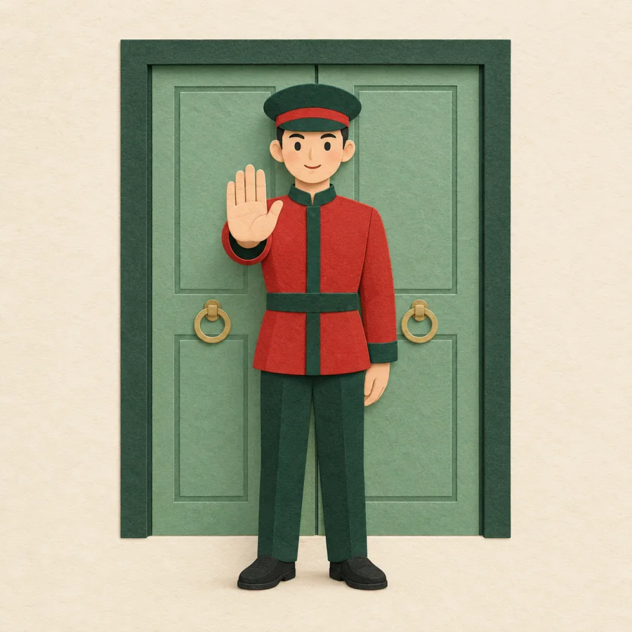A guard raises a palm to stop a visitor at a door
