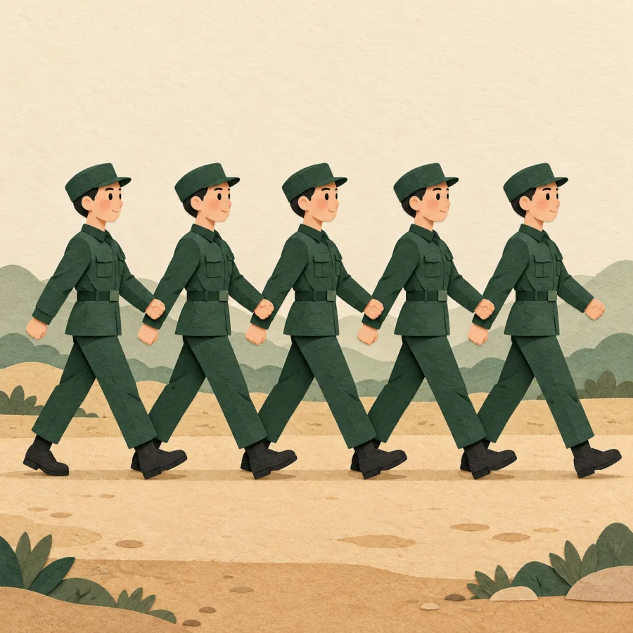 A neat line of soldiers in green uniforms marches along a road