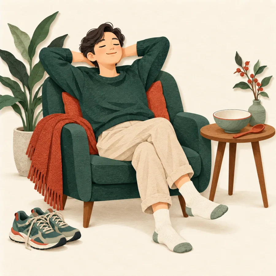A person rests on a chair beside an empty bowl