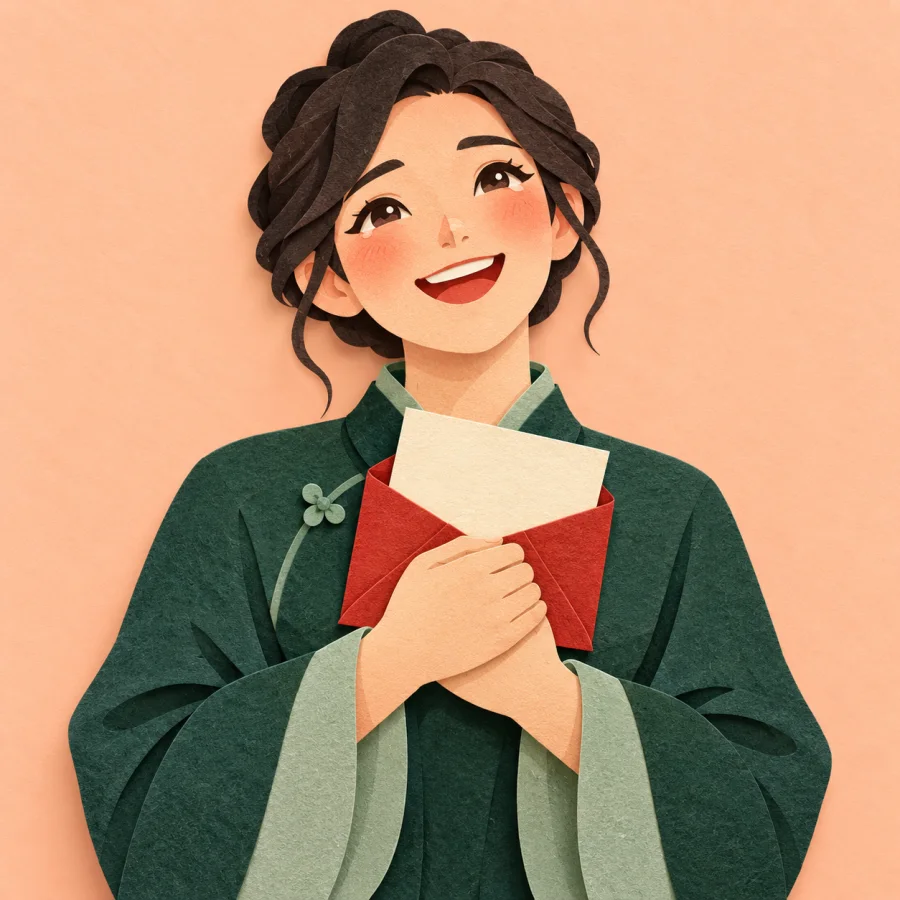 A person clutches a letter to their chest, eyes shining