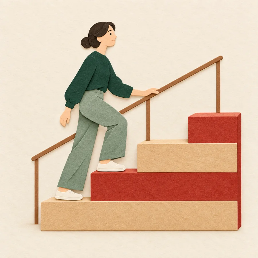 A person climbs four steps beside a handrail