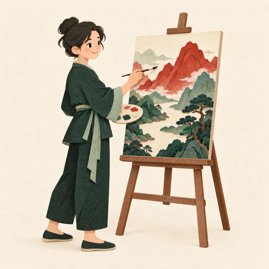 A painter creates a vivid landscape on an easel