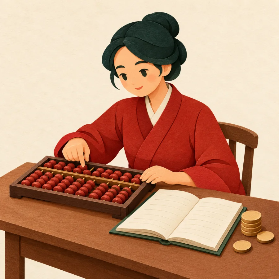 A person uses an abacus beside a ledger and coins