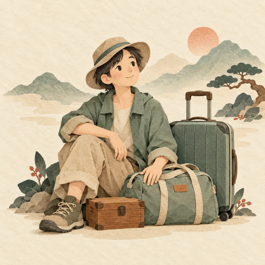A traveler sits beside a suitcase, a bag and a box