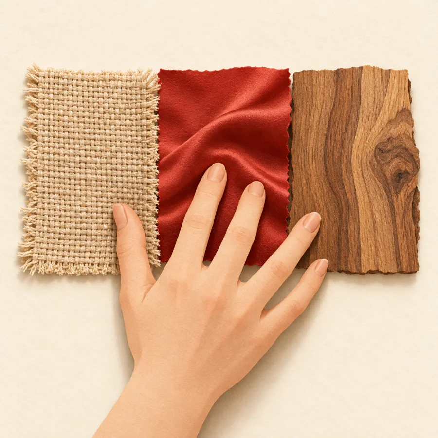 A hand touches three fabric and wood samples