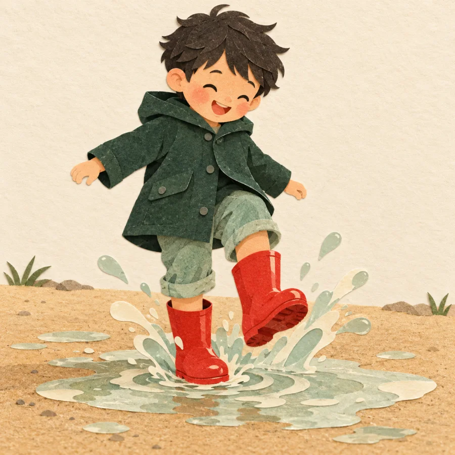 A child in red boots stomps into a puddle