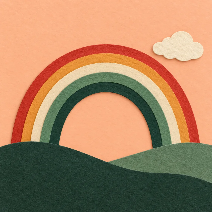 A rainbow arches over green hills and a cloud