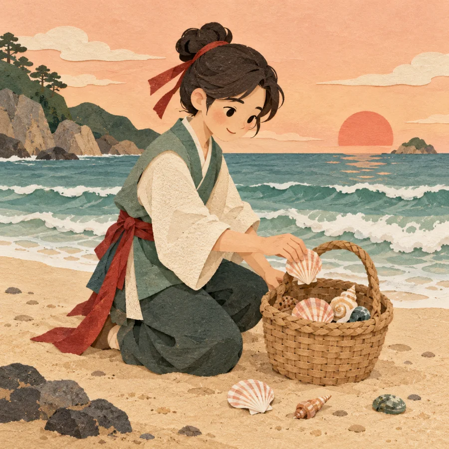A person on the shore puts shells into a basket