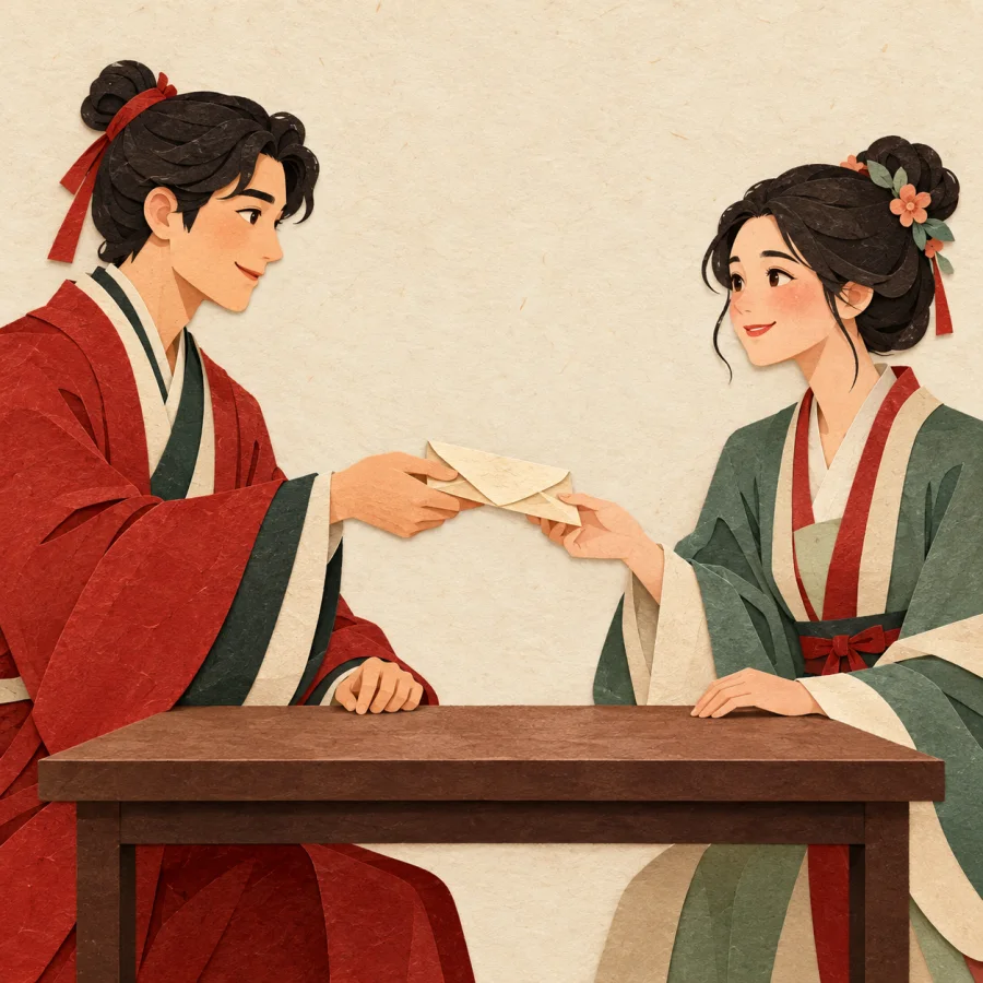 One person hands over a note and the other nods and takes it