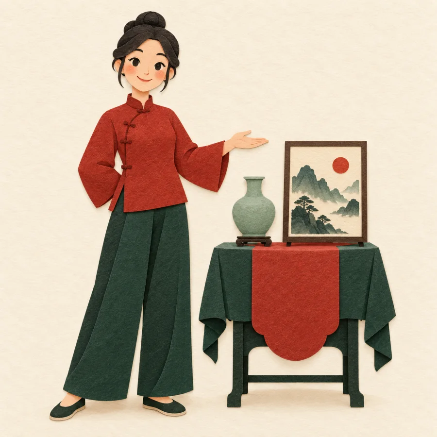 A person stands proudly by a booth with a vase and painting