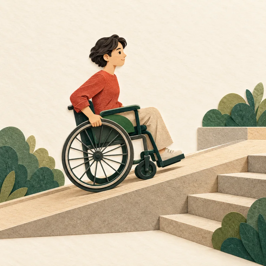 A person in a wheelchair rolls up a gentle ramp