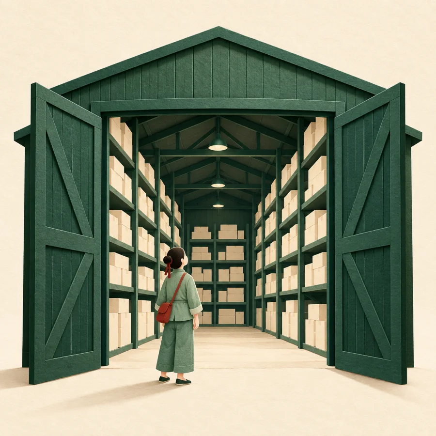 A person stands at the door of a big shed full of boxes