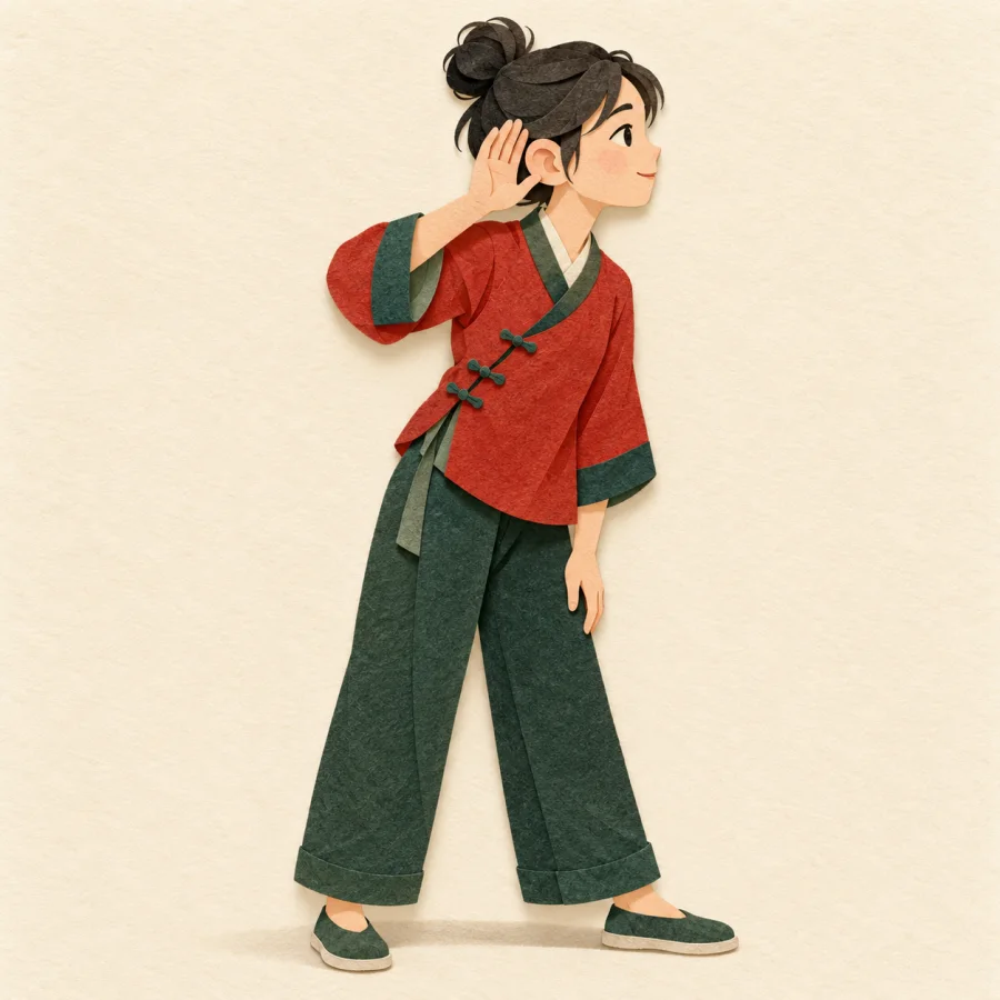 A person tilts their head sideways, listening by a wall