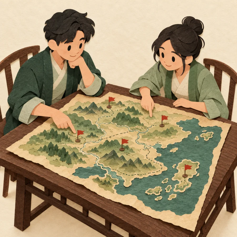 Two people at a table point at a hand-drawn map