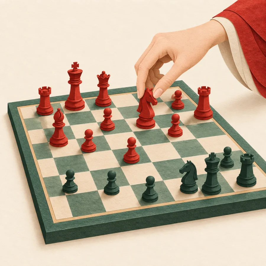A hand moves a red piece on a chessboard