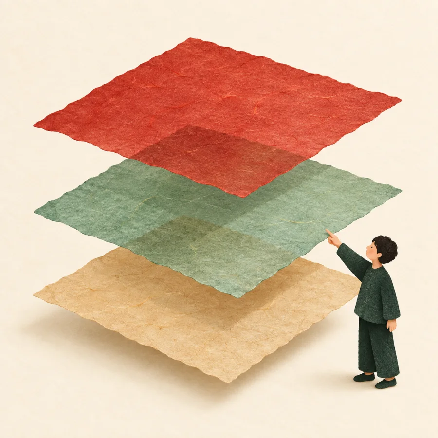 Three layers of coloured paper and a person pointing at the middle