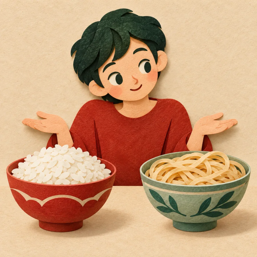A person looks between a bowl of rice and a bowl of noodles
