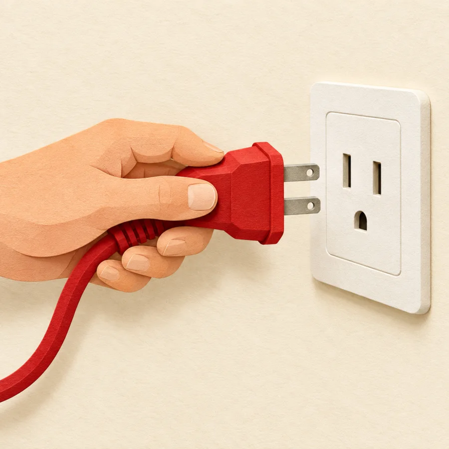 A hand pushes a red plug into a wall socket