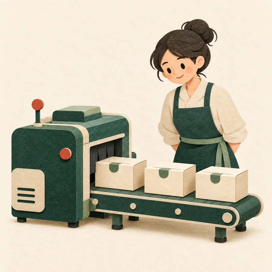 A person watches boxes slide out of a machine