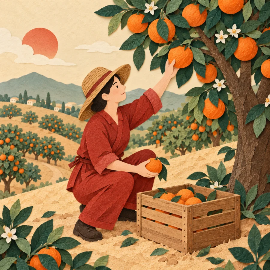 A person picks oranges into a crate on an orchard hillside