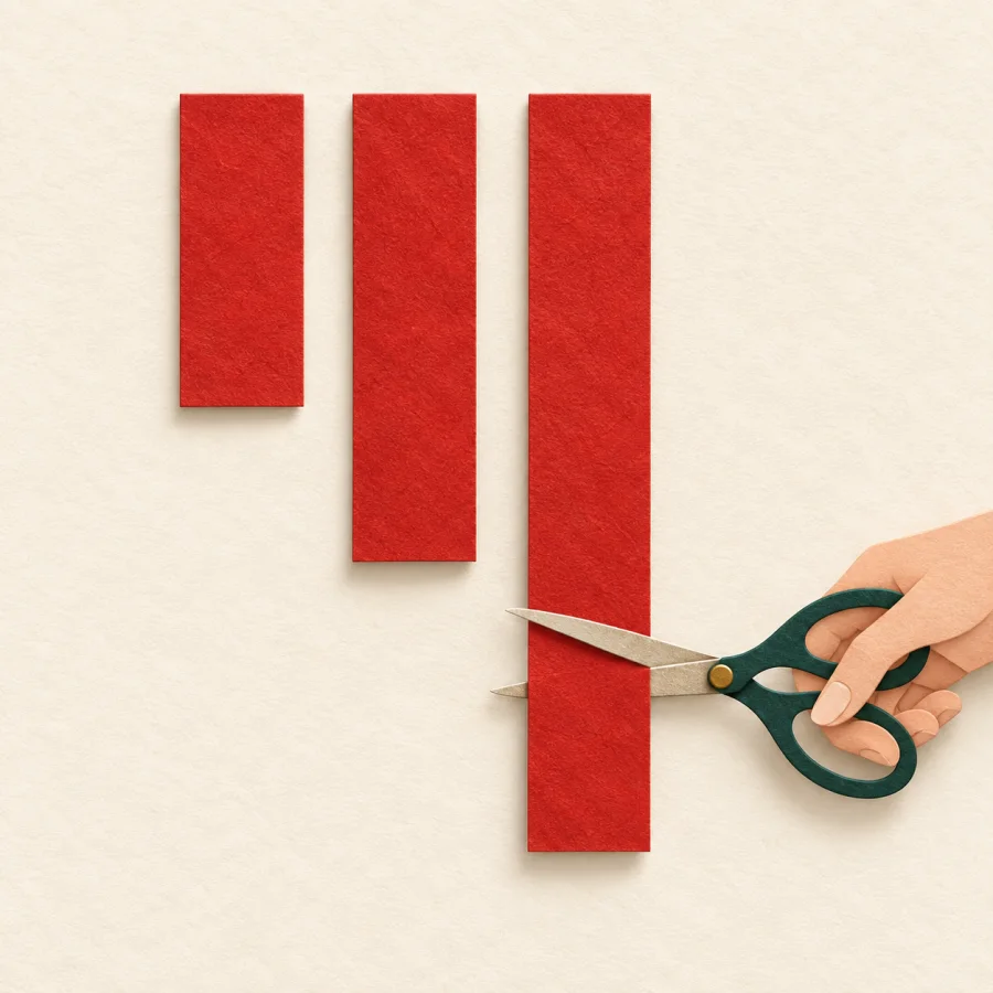 Three red ribbons of different lengths and a hand with scissors