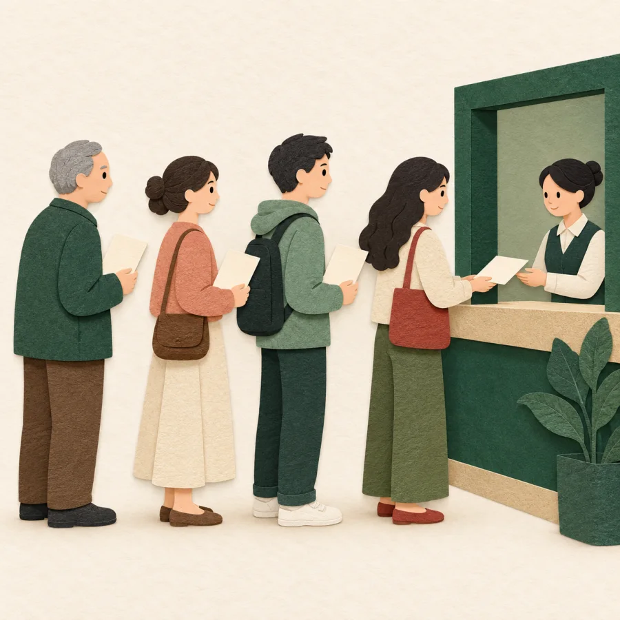 A neat queue of people with papers at a window
