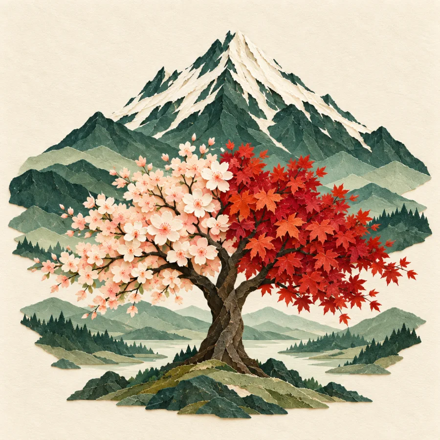 A snow-capped peak above a green forest and a flowering tree