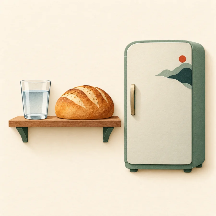 A glass of water and bread on a shelf beside a fridge