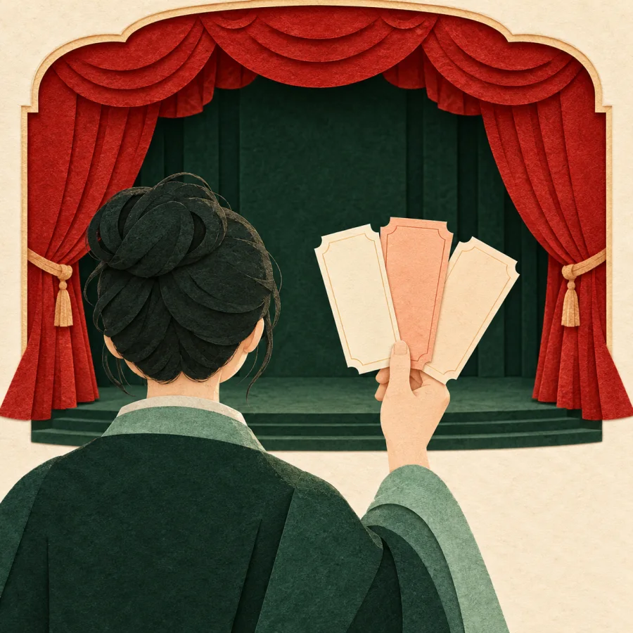 A person holds three tickets before a theatre curtain
