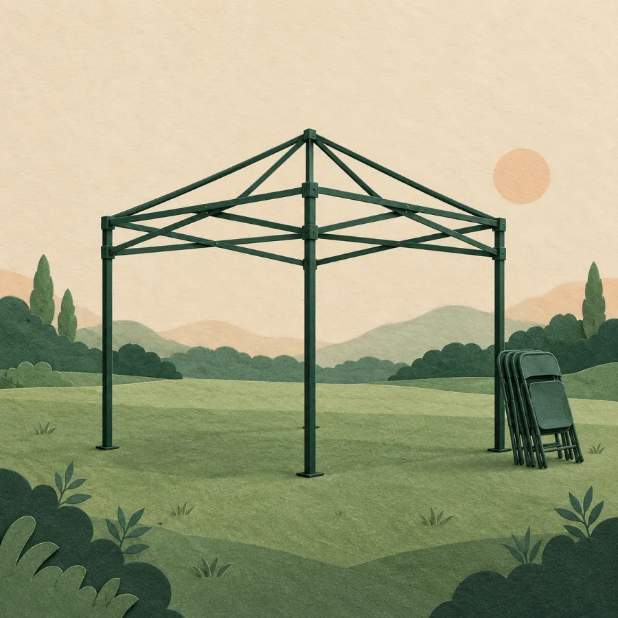 An empty lawn with a tent frame and folded chairs