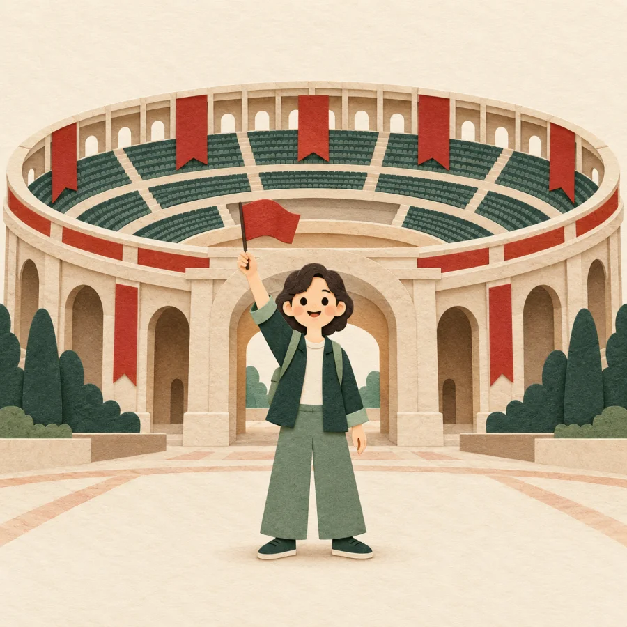 A person with a flag at the entrance of a large round stadium